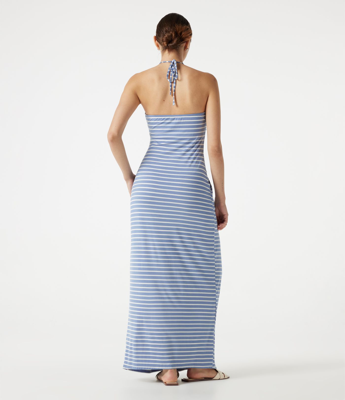 Halter Tie Back Built-in Bra Striped Maxi Resort Dress with Pockets