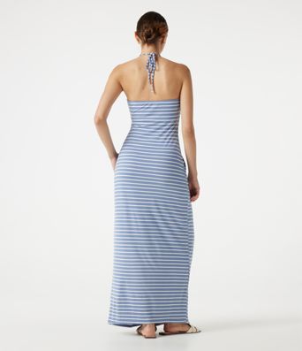 Halter Tie Back Built-in Bra Striped Maxi Resort Dress with Pockets
