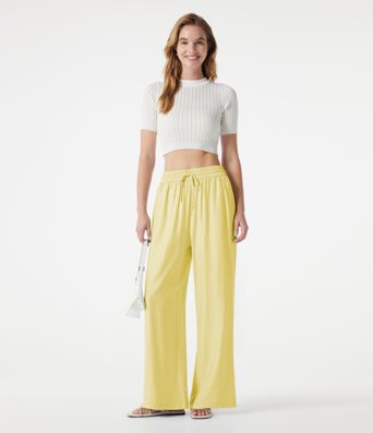 High Waisted Drawstring 2-in-1 Wide Leg Casual Linen-Blend Pants with Pockets
