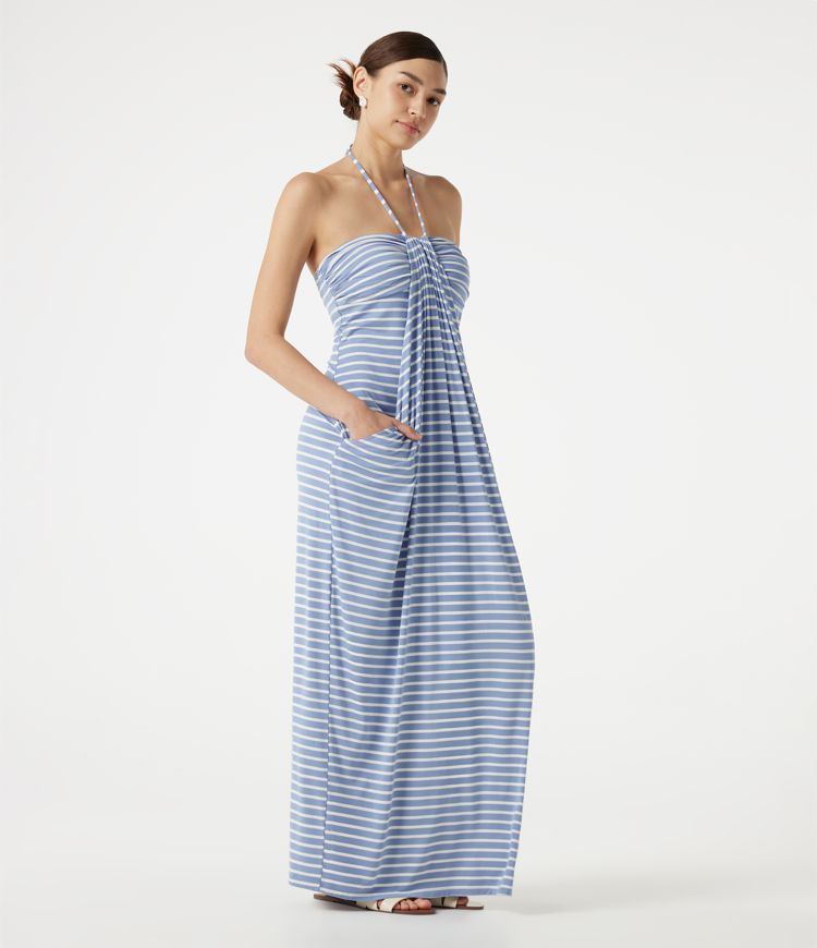 Halter Tie Back Built-in Bra Striped Maxi Resort Dress with Pockets