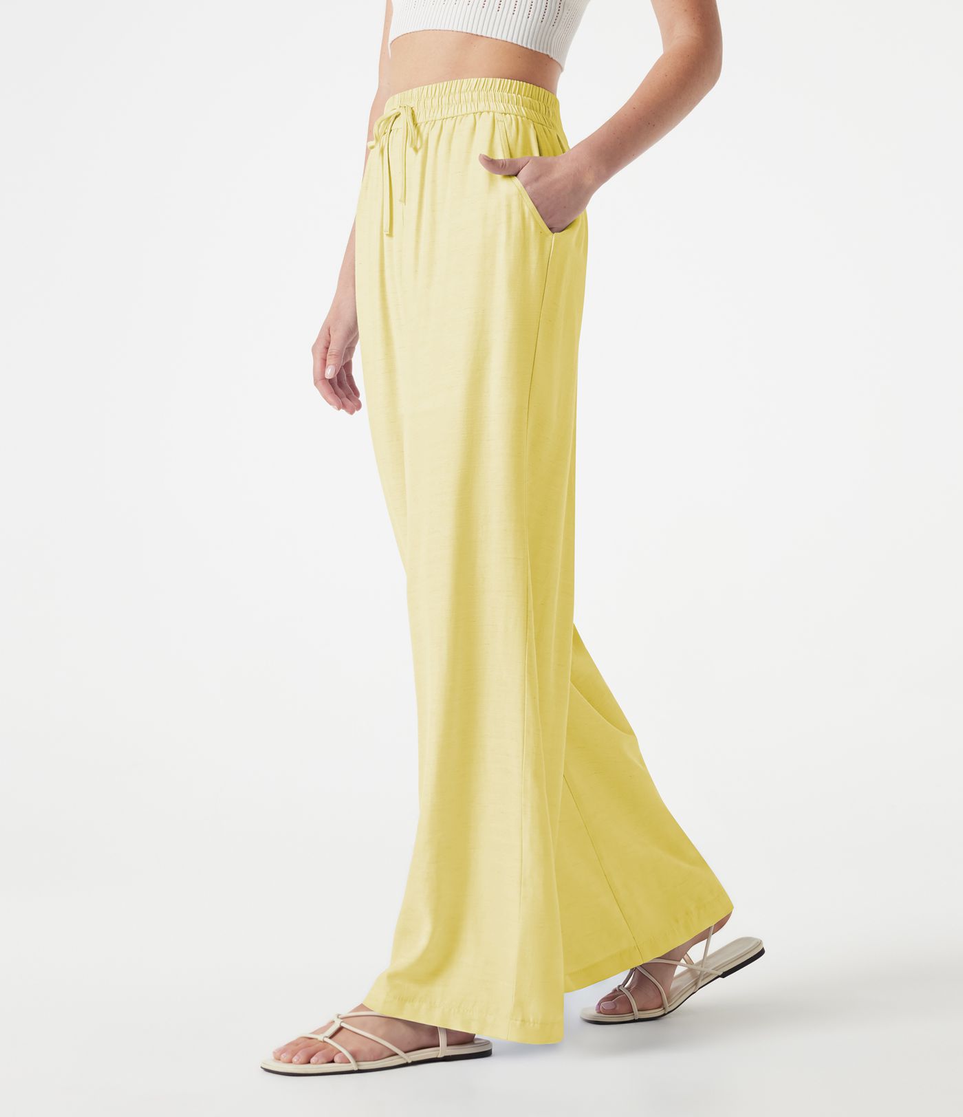 High Waisted Drawstring 2-in-1 Wide Leg Casual Linen-Blend Pants with Pockets