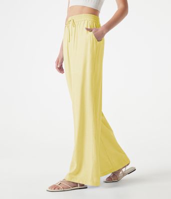 High Waisted Drawstring 2-in-1 Wide Leg Casual Linen-Blend Pants with Pockets
