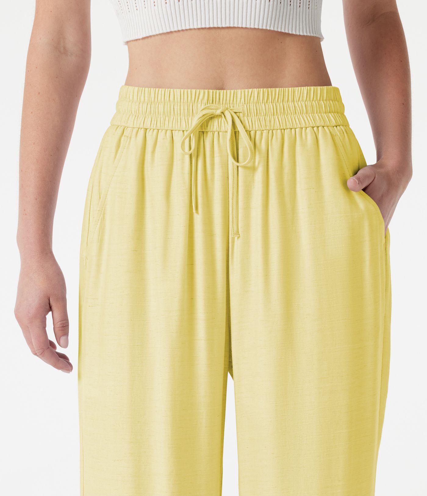 High Waisted Drawstring 2-in-1 Wide Leg Casual Linen-Blend Pants with Pockets