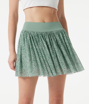 Mid Rise Leopard Mesh Mini 2-in-1 Workout Flowy Skirt with Pocket