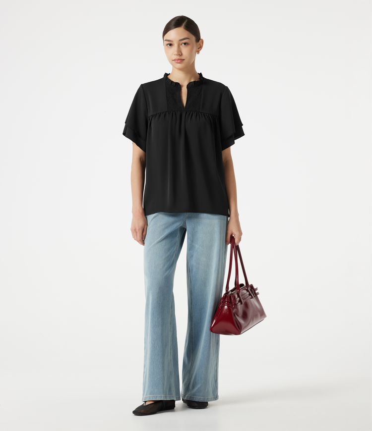V Neck Ruffle Short Sleeve Contrast Lace Casual Blouse