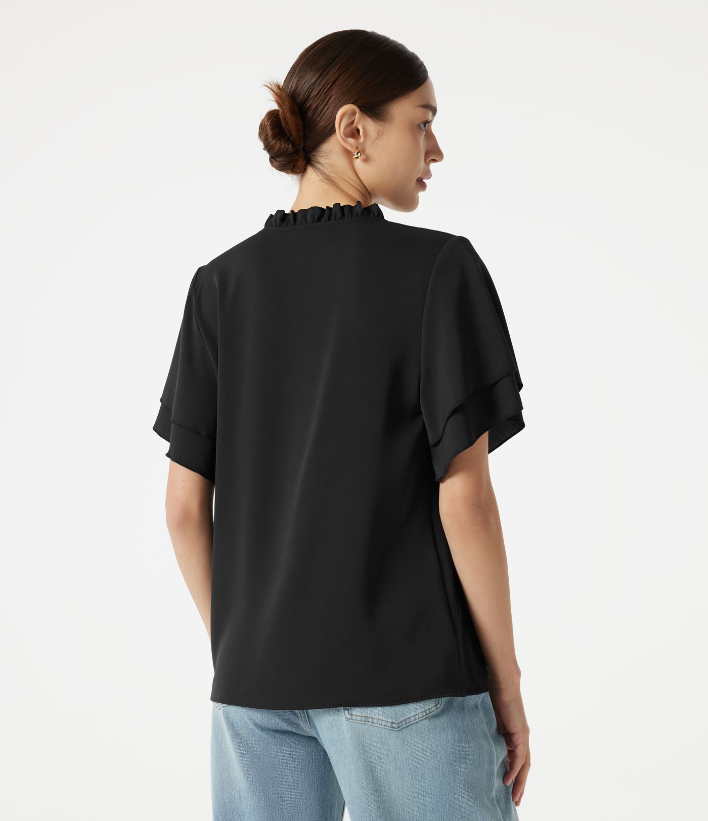 V Neck Ruffle Short Sleeve Contrast Lace Casual Blouse