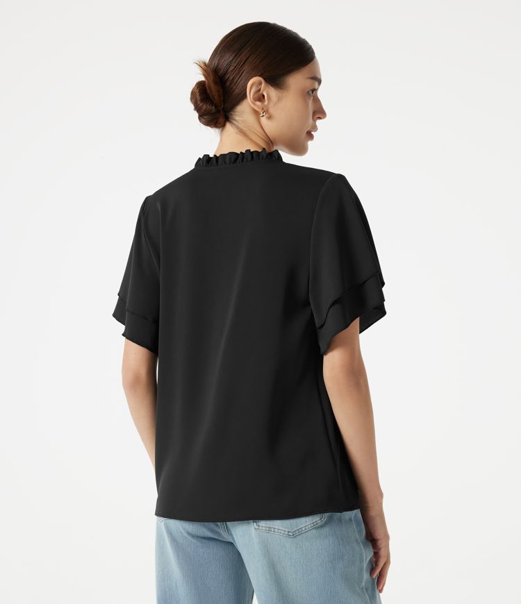 V Neck Ruffle Short Sleeve Contrast Lace Casual Blouse