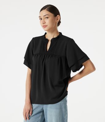 V Neck Ruffle Short Sleeve Contrast Lace Casual Blouse