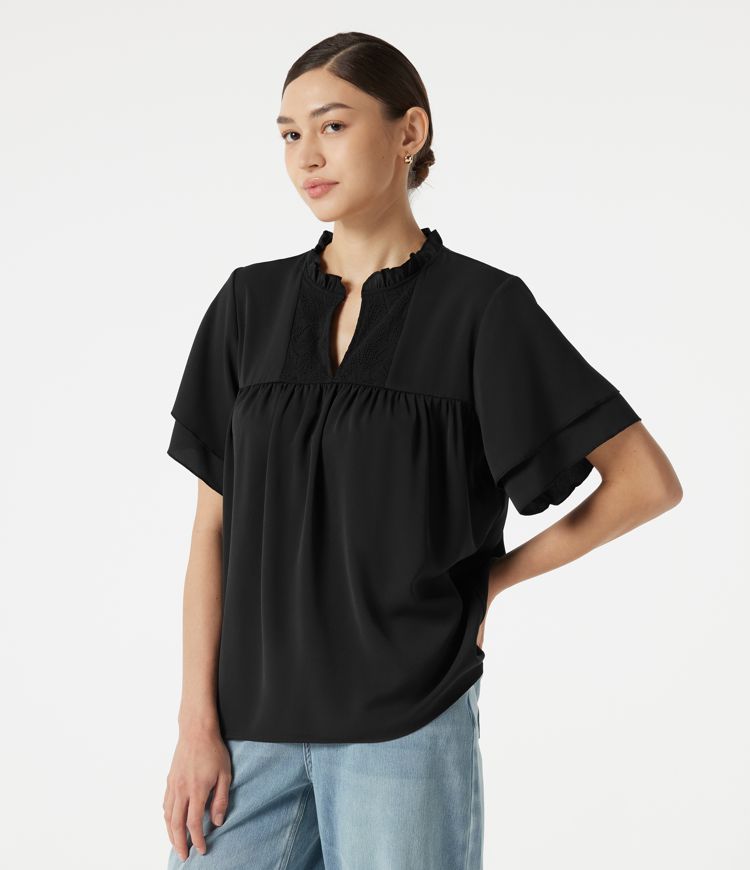 V Neck Ruffle Short Sleeve Contrast Lace Casual Blouse