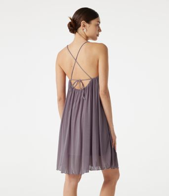 Minikleid mit V-Ausschnitt, Kontrast-Mesh und Bindeband hinten
