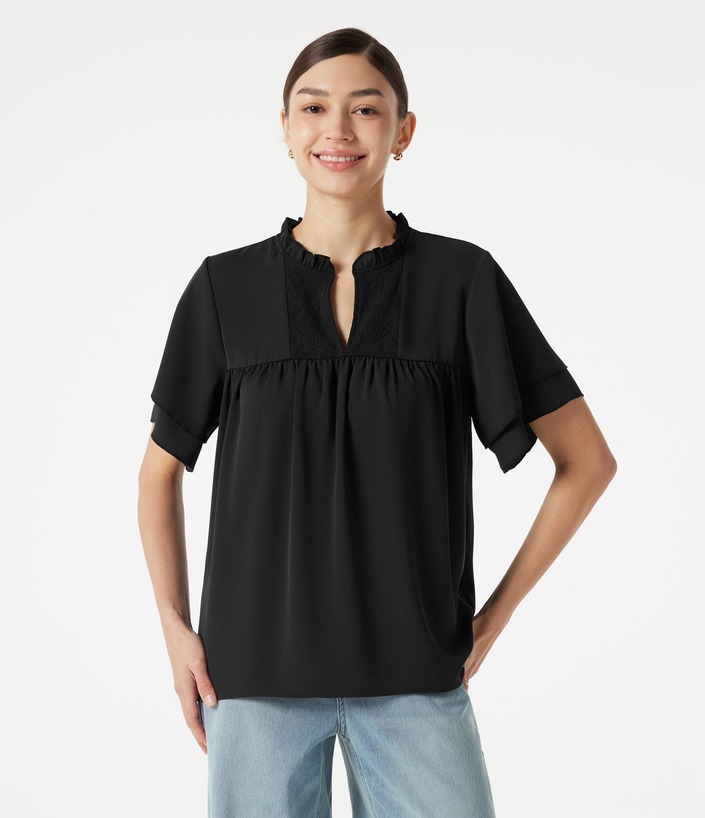 V Neck Ruffle Short Sleeve Contrast Lace Casual Blouse
