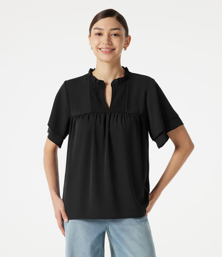 V Neck Ruffle Short Sleeve Contrast Lace Casual Blouse