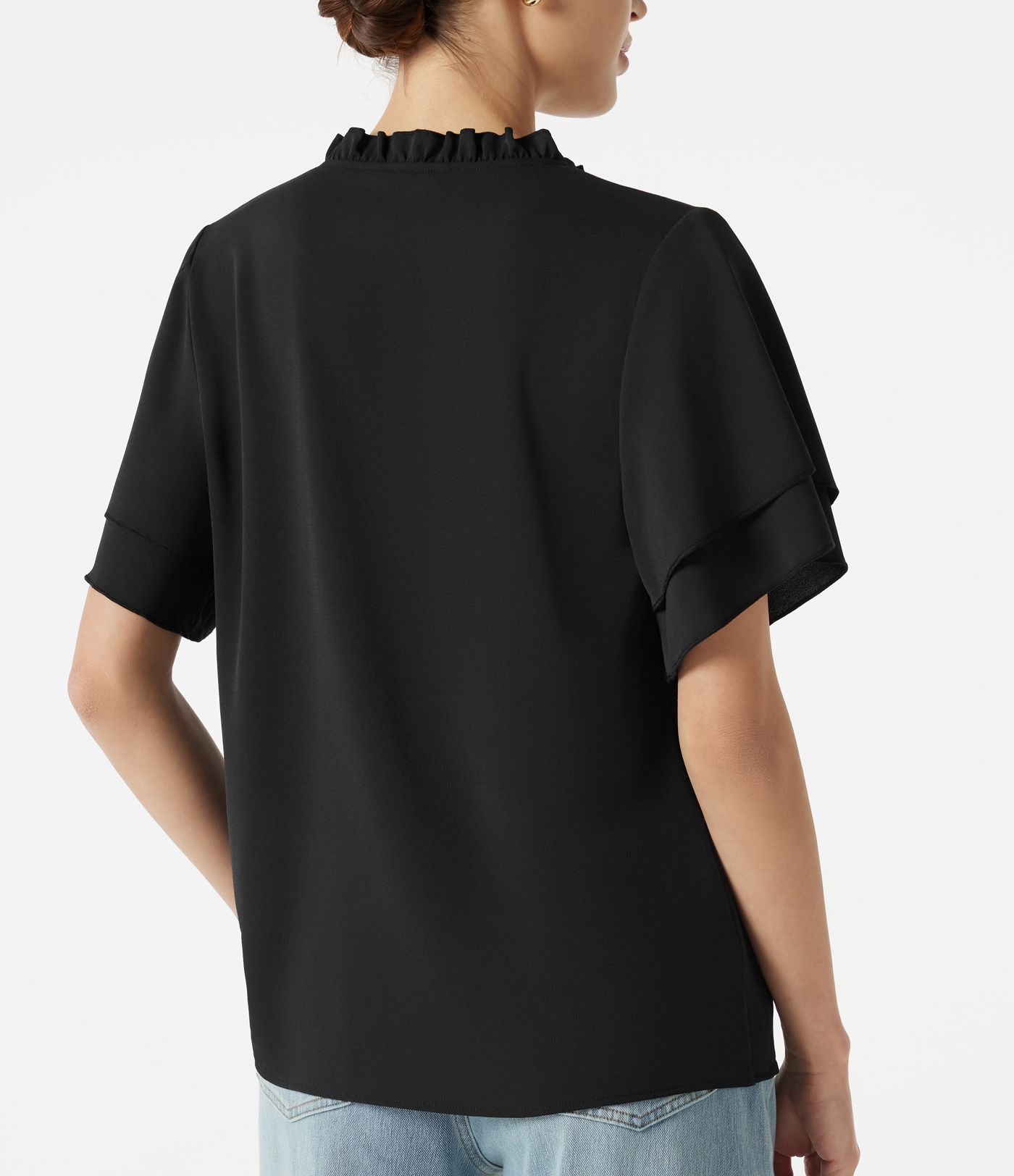 V Neck Ruffle Short Sleeve Contrast Lace Casual Blouse
