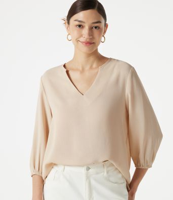 V Neck 3/4 Sleeve Casual Linen-Feel Top