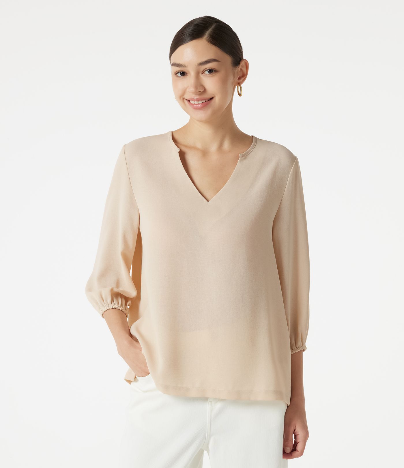 V Neck 3/4 Sleeve Casual Linen-Feel Top
