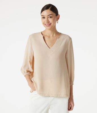 V Neck 3/4 Sleeve Casual Linen-Feel Top