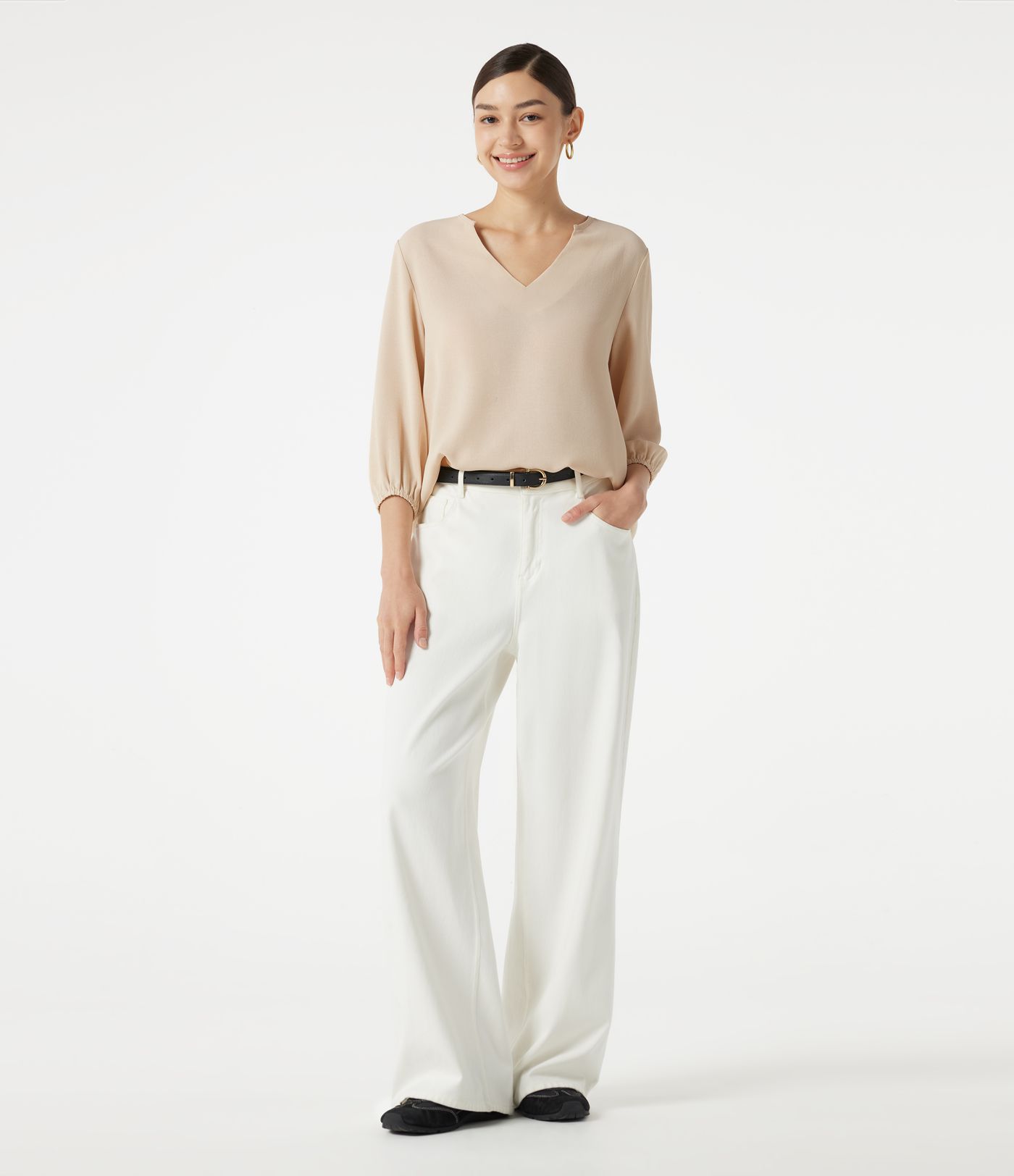 V Neck 3/4 Sleeve Casual Linen-Feel Top