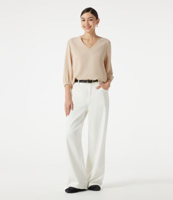 V Neck 3/4 Sleeve Casual Linen-Feel Top