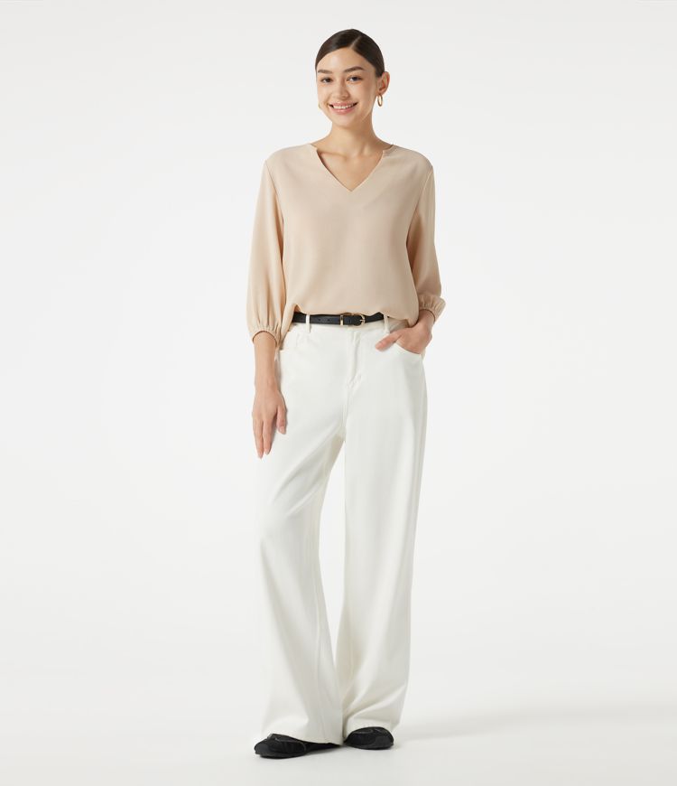 V Neck 3/4 Sleeve Casual Linen-Feel Top