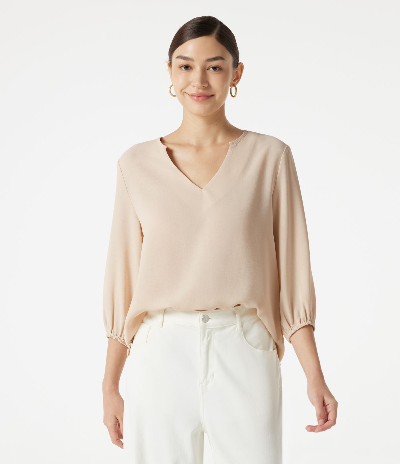 V Neck 3/4 Sleeve Casual Linen-Feel Top
