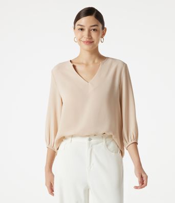 V Neck 3/4 Sleeve Casual Linen-Feel Top
