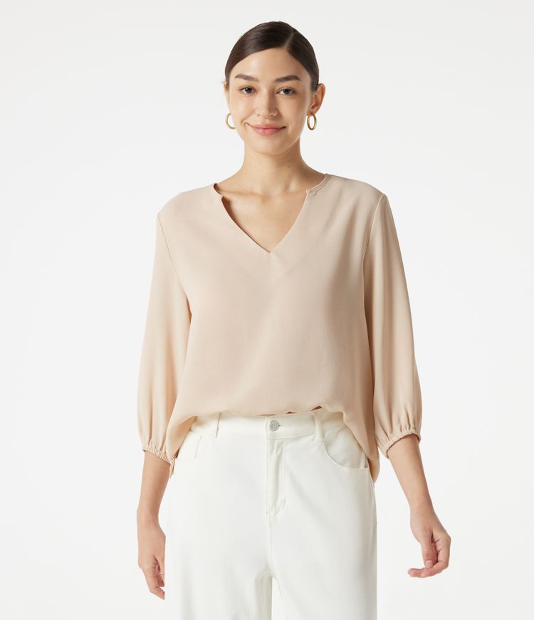 V Neck 3/4 Sleeve Casual Linen-Feel Top