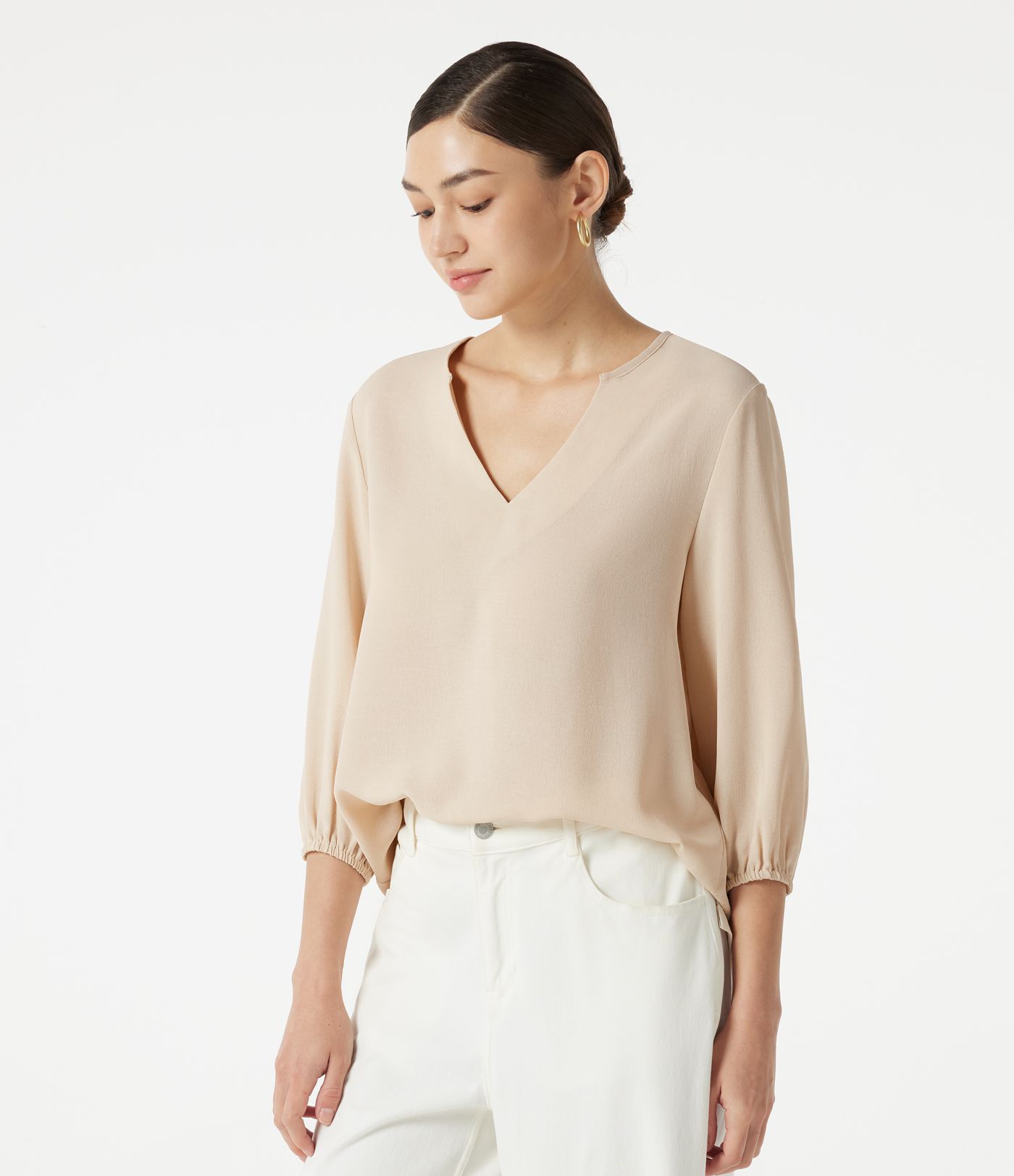 V Neck 3/4 Sleeve Casual Linen-Feel Top