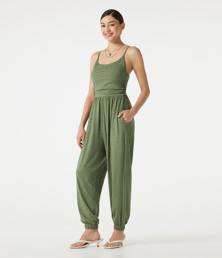 Verstellbare Träger, geraffter integrierter BH, melierter, lässiger Jogger-Jumpsuit mit Taschen - Easy Peezy