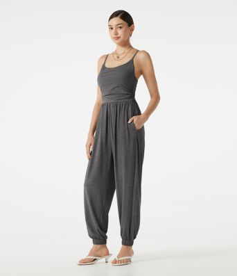 Adjustable Straps Ruched Built-in Bra Heathered Casual Jogger Jumpsuit with Pockets-Easy Peezy Adjustable Straps Ruched Built-in Bra Heathered Casual Jogger Jumpsuit with Pockets-Easy Peezy