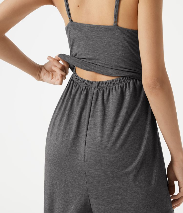 Adjustable Straps Ruched Built-in Bra Heathered Casual Jogger Jumpsuit with Pockets-Easy Peezy Adjustable Straps Ruched Built-in Bra Heathered Casual Jogger Jumpsuit with Pockets-Easy Peezy
