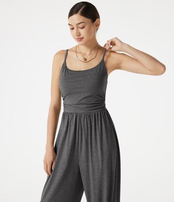 Adjustable Straps Ruched Built-in Bra Heathered Casual Jogger Jumpsuit with Pockets-Easy Peezy Adjustable Straps Ruched Built-in Bra Heathered Casual Jogger Jumpsuit with Pockets-Easy Peezy