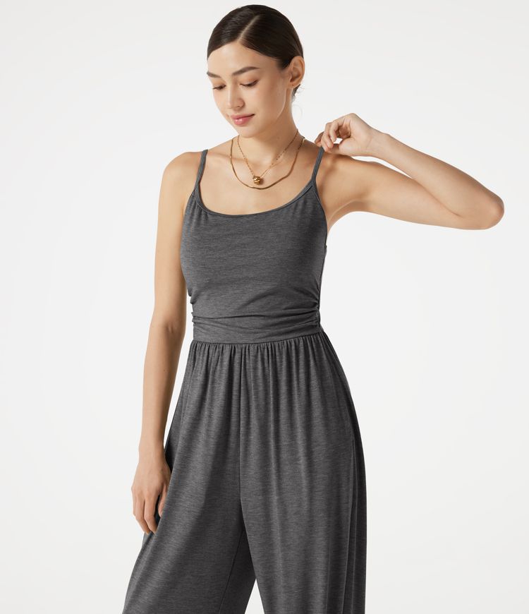 Adjustable Straps Ruched Built-in Bra Heathered Casual Jogger Jumpsuit with Pockets-Easy Peezy Adjustable Straps Ruched Built-in Bra Heathered Casual Jogger Jumpsuit with Pockets-Easy Peezy