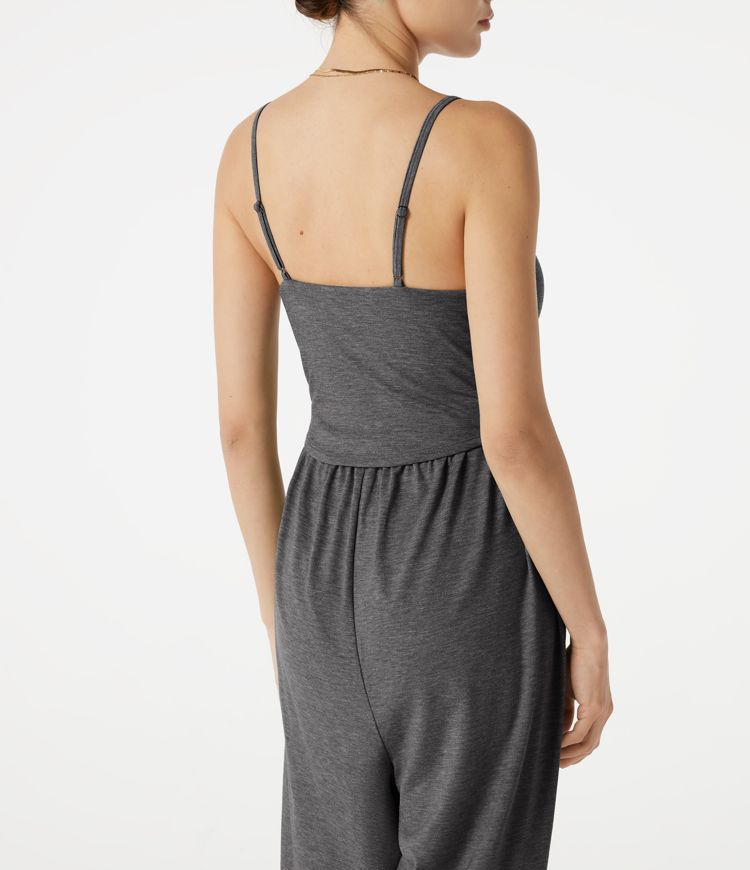 Adjustable Straps Ruched Built-in Bra Heathered Casual Jogger Jumpsuit with Pockets-Easy Peezy Adjustable Straps Ruched Built-in Bra Heathered Casual Jogger Jumpsuit with Pockets-Easy Peezy