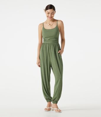 Verstellbare Träger, geraffter integrierter BH, melierter, lässiger Jogger-Jumpsuit mit Taschen - Easy Peezy
