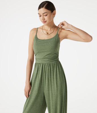 Verstellbare Träger, geraffter integrierter BH, melierter, lässiger Jogger-Jumpsuit mit Taschen - Easy Peezy
