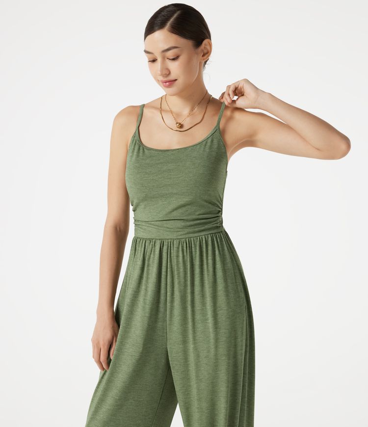 Verstellbare Träger, geraffter integrierter BH, melierter, lässiger Jogger-Jumpsuit mit Taschen - Easy Peezy