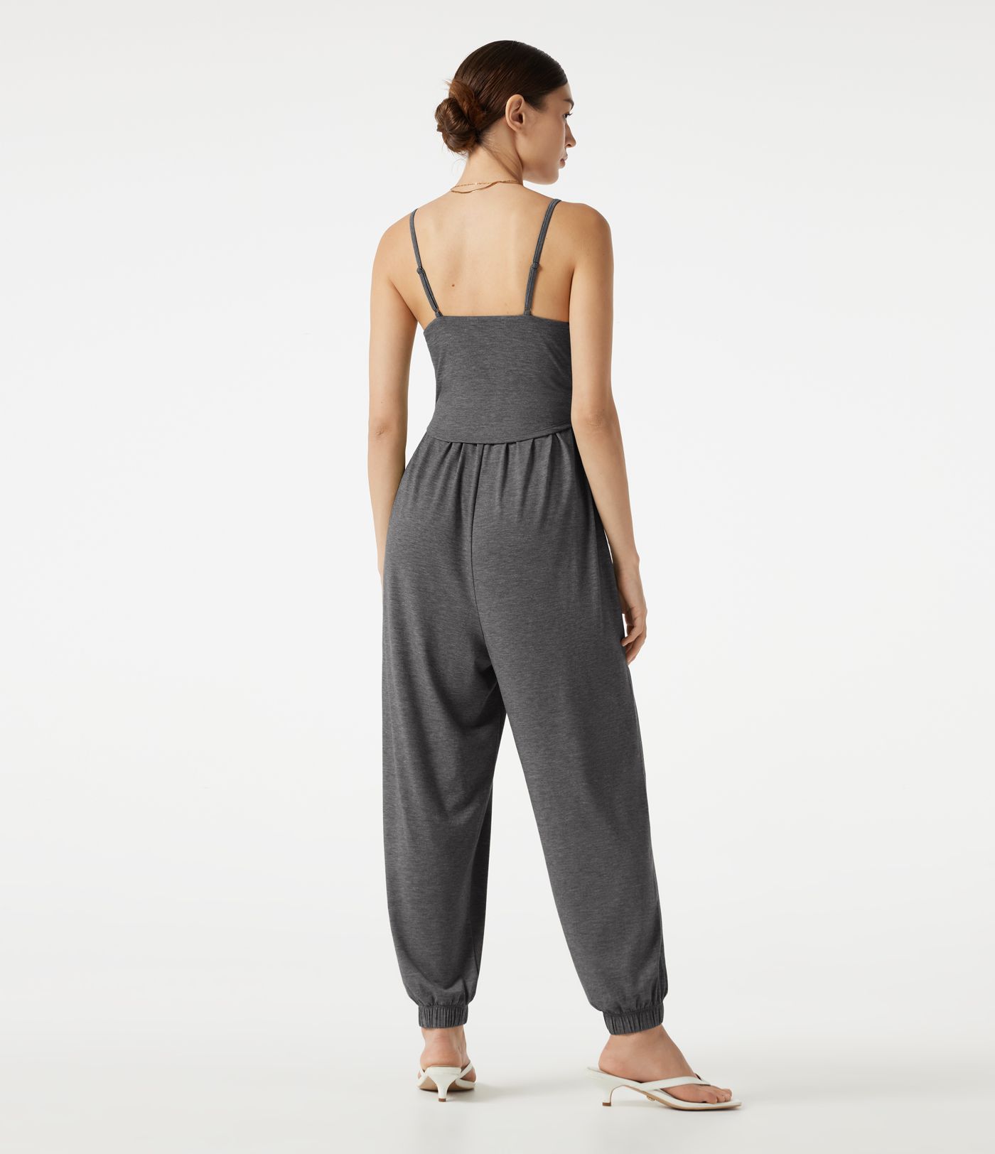 Adjustable Straps Ruched Built-in Bra Heathered Casual Jogger Jumpsuit with Pockets-Easy Peezy Adjustable Straps Ruched Built-in Bra Heathered Casual Jogger Jumpsuit with Pockets-Easy Peezy