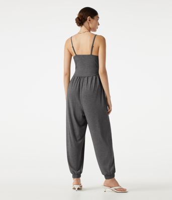 Adjustable Straps Ruched Built-in Bra Heathered Casual Jogger Jumpsuit with Pockets-Easy Peezy Adjustable Straps Ruched Built-in Bra Heathered Casual Jogger Jumpsuit with Pockets-Easy Peezy