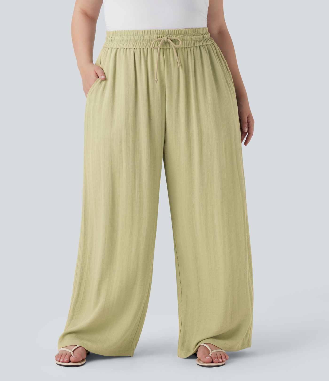 High Waisted Drawstring Linen-Feel Wide Leg Casual Plus Size Trousers with Pockets