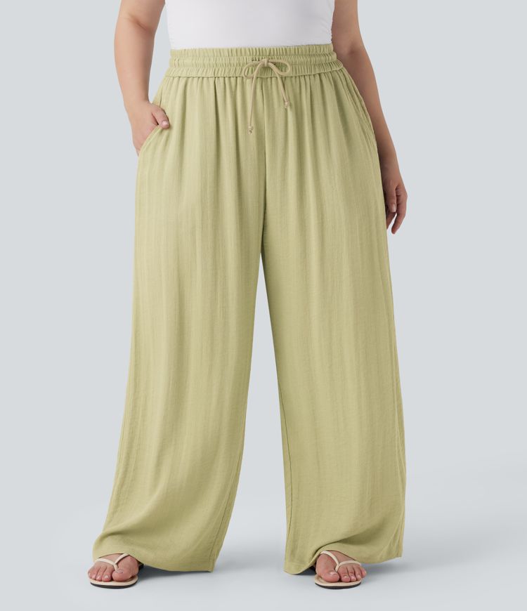 High Waisted Drawstring Linen-Feel Wide Leg Casual Plus Size Trousers with Pockets