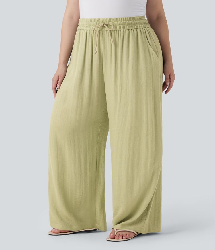 High Waisted Drawstring Linen-Feel Wide Leg Casual Plus Size Trousers with Pockets
