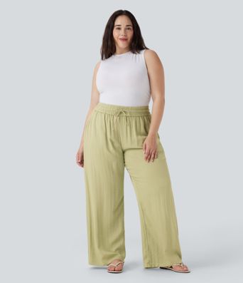 High Waisted Drawstring Linen-Feel Wide Leg Casual Plus Size Trousers with Pockets