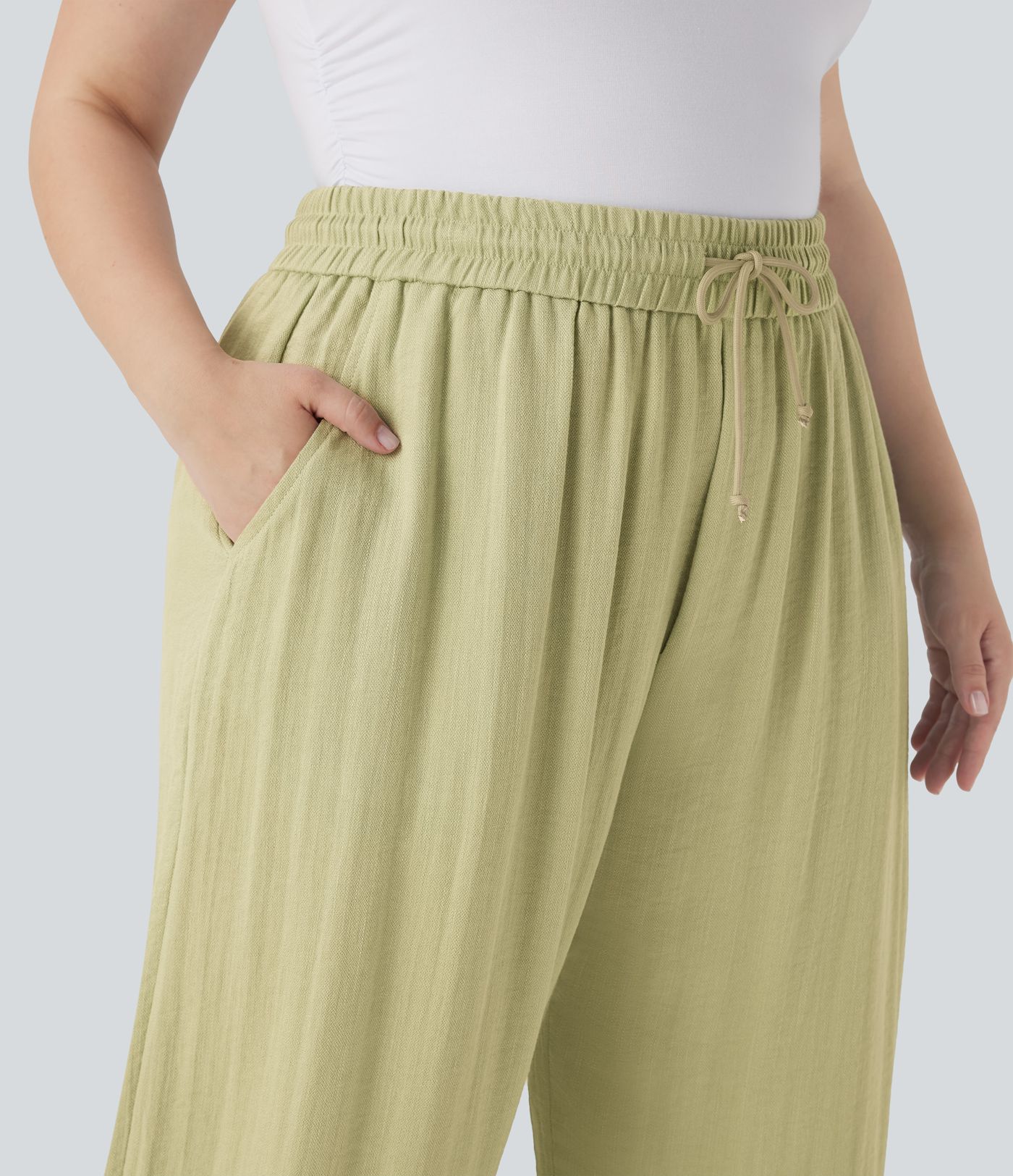 High Waisted Drawstring Linen-Feel Wide Leg Casual Plus Size Trousers with Pockets