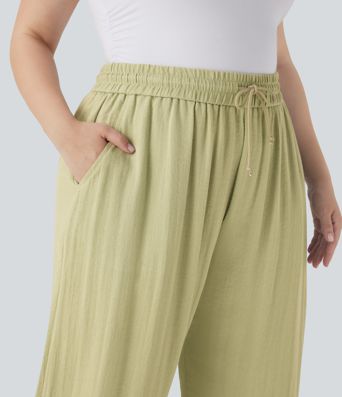 High Waisted Drawstring Linen-Feel Wide Leg Casual Plus Size Trousers with Pockets