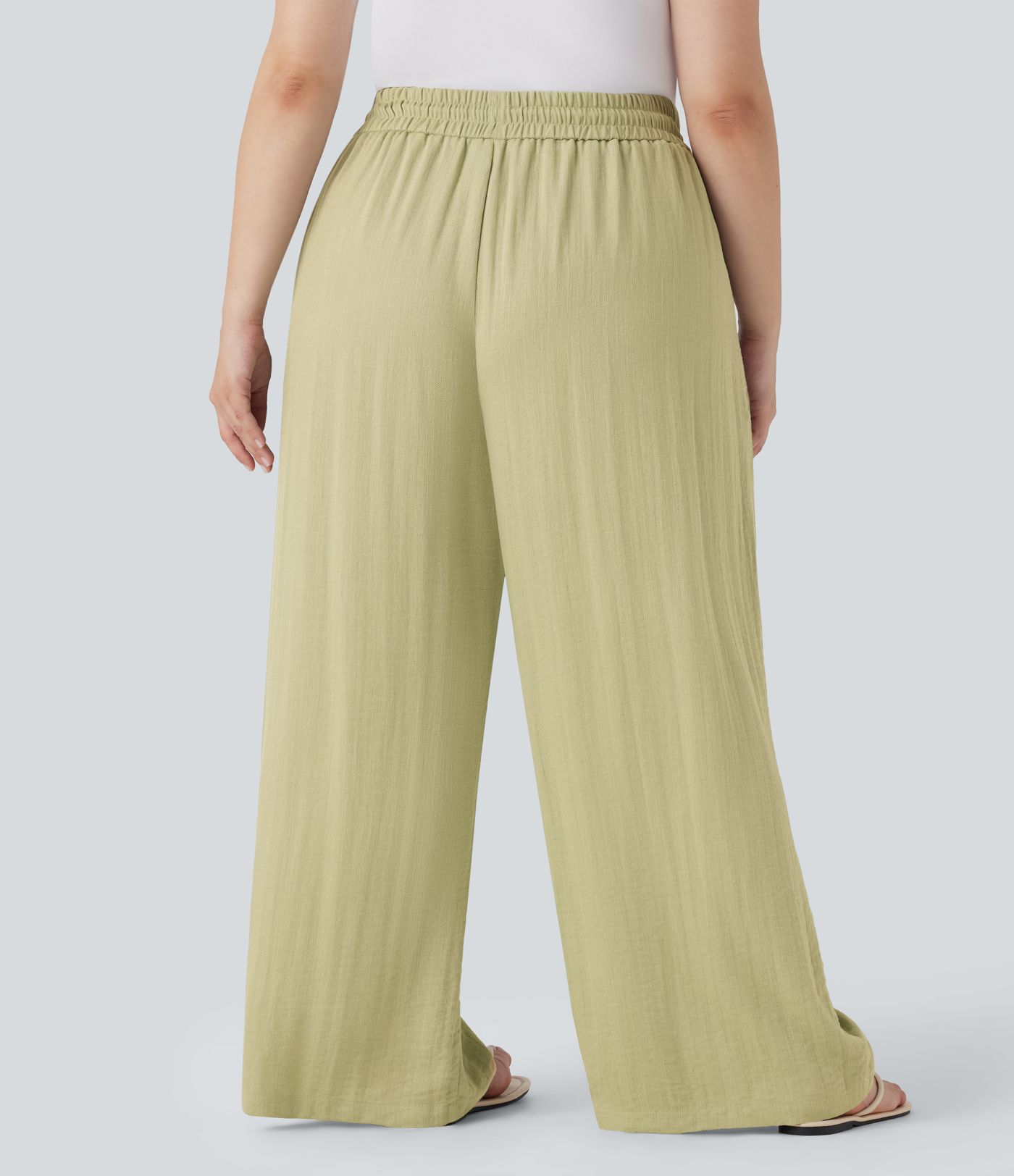 High Waisted Drawstring Linen-Feel Wide Leg Casual Plus Size Trousers with Pockets