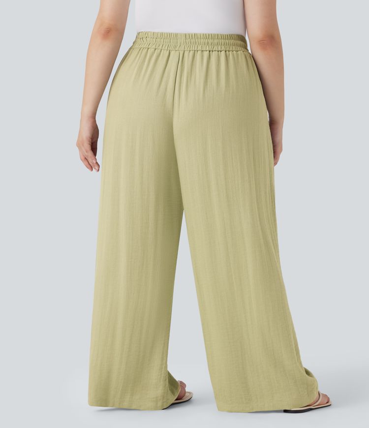 High Waisted Drawstring Linen-Feel Wide Leg Casual Plus Size Trousers with Pockets
