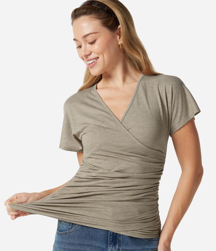 V Neck Short Sleeve Ruched Casual Top