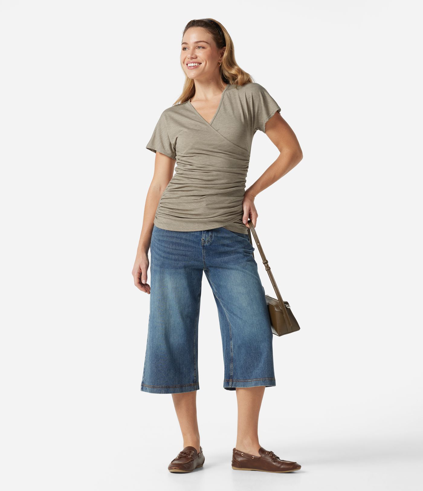 V Neck Short Sleeve Ruched Casual Top