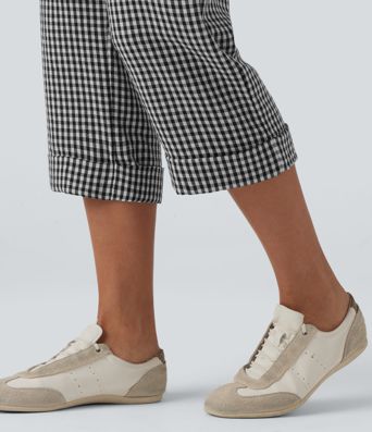 High Waisted Cropped Plaid Casual Linen-Feel Trousers with Pockets High Waisted Cropped Plaid Casual Linen-Feel Trousers with Pockets