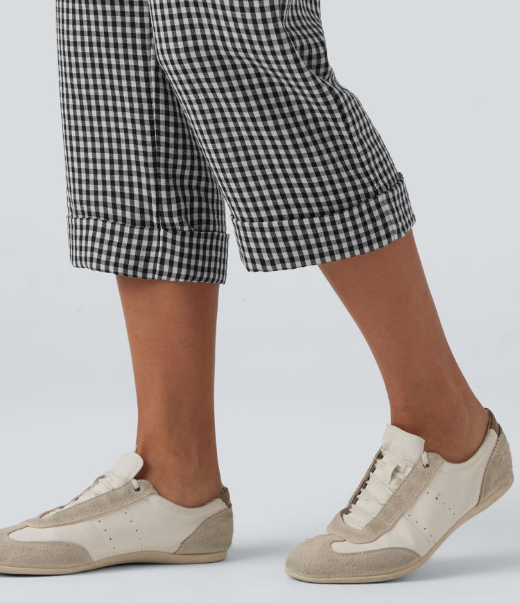 High Waisted Cropped Plaid Casual Linen-Feel Trousers with Pockets High Waisted Cropped Plaid Casual Linen-Feel Trousers with Pockets